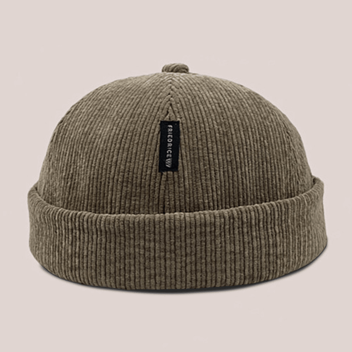 Unisex Corduroy Label Patch Skull Cap Casual Outdoor Autumn Winter Warm Adjustable Brimless Beanie Landlord Cap - MRSLM