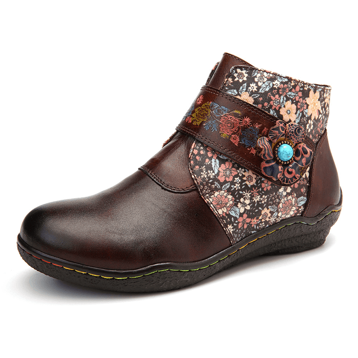 Retro Small Flowers Colorful Stitching Soft Leather Boots - MRSLM