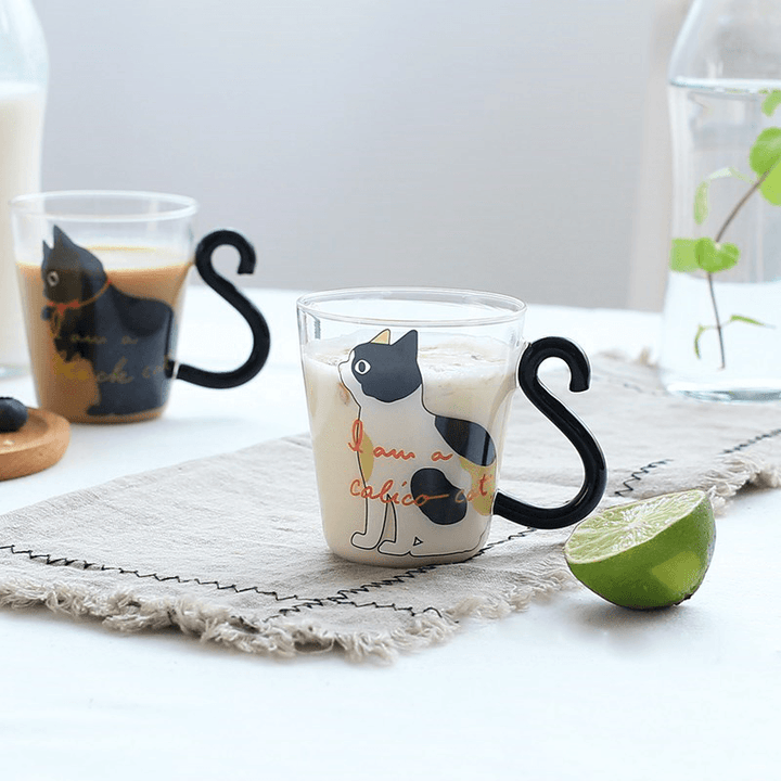 Cat Glass Cartoon Children'S Cup Creative Handle Coffee Cup Single-Layer Transparent Juice Drink Cup - MRSLM