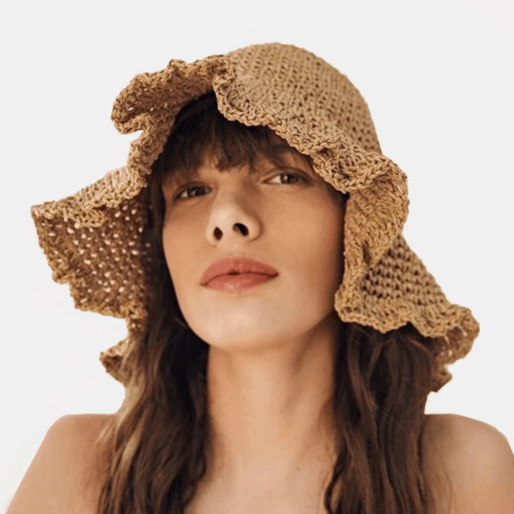 Women Fungus Edge Back Opening Bowknot Straw Hat Summer Sun Protection Bucket Hat - MRSLM