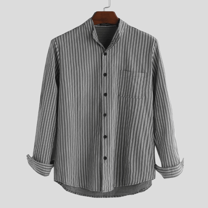 Mens Collarless Shirts Vintage Striped Shirt Grandad Button down Linen Loose Top - MRSLM