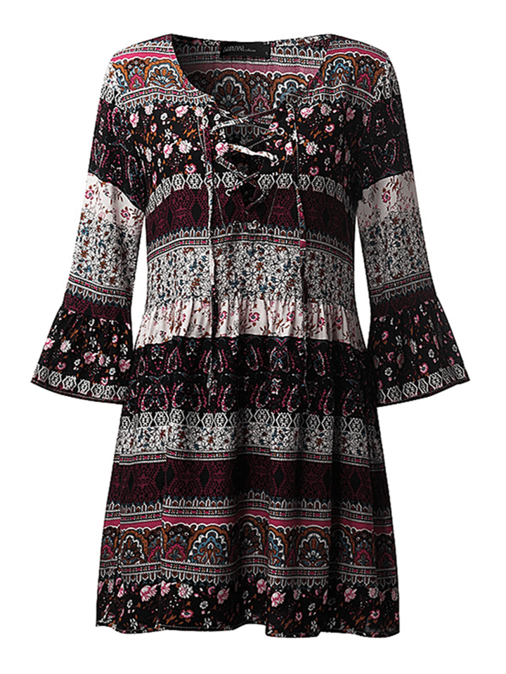 Bohemian Women V-Neck Bell Sleeve Floral Printed Mini Dress - MRSLM