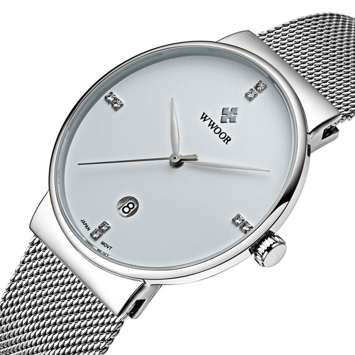 WWOOR 8018 Business Style Mesh Steel Band Men Wrist Watch Date Display Quartz Watch - MRSLM