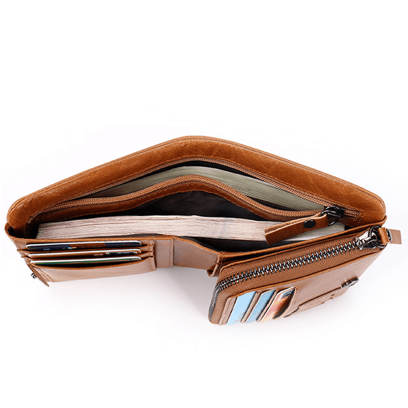 Men Genuine Leather Zipper Pocket 12 Slots Trifold Wallet - MRSLM