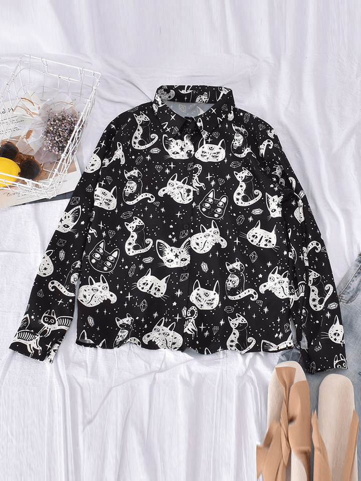 Women Casual Cartoon Cat Funny Print Turn-Down Collar Long Sleeve Button Shirts - MRSLM