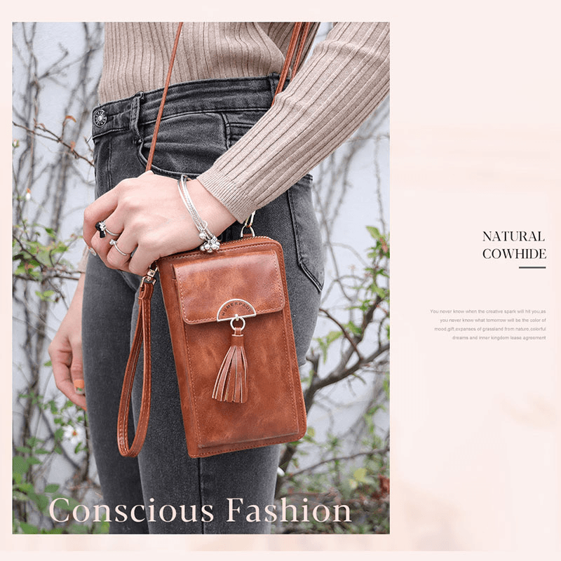 Women RFID Anti-Theft Multifunction Tassel Decor Crossbody Bag Multi-Card Slots Wallet Clutch Bag Phone Bag - MRSLM