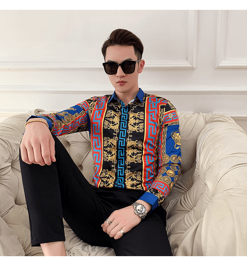 Spring and Autumn Men'S Long Sleeve Shirt Korean Slim Shirt Men'S Social Youth Flower Shirt Men - MRSLM