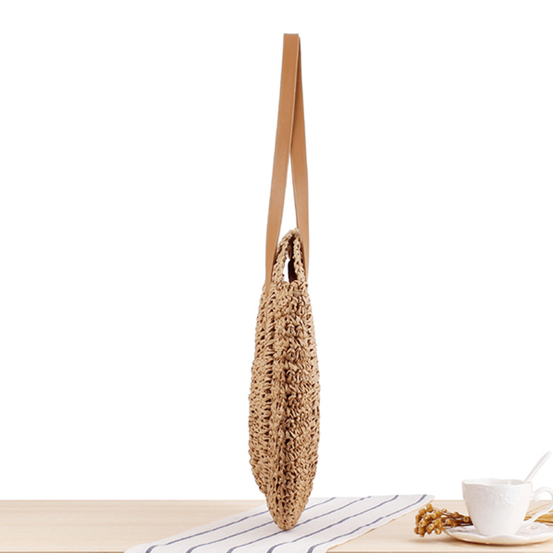 Women Leisure round Straw Bag Woven Beach Bag Shoulder Bag - MRSLM