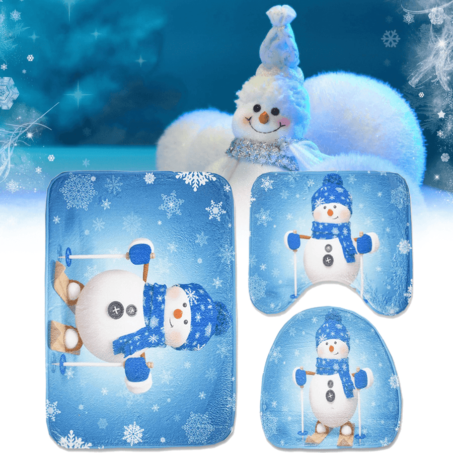 3Pcs Set Christmas Snowman Toilet Seat Covers Bathroom Carpet No-Slip Rug Xmas Decor - MRSLM