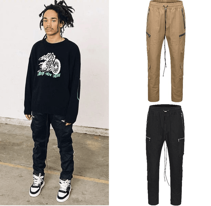 Loose Drawstring Hem-Breasted Multi-Pocket Cargo Casual Pants - MRSLM