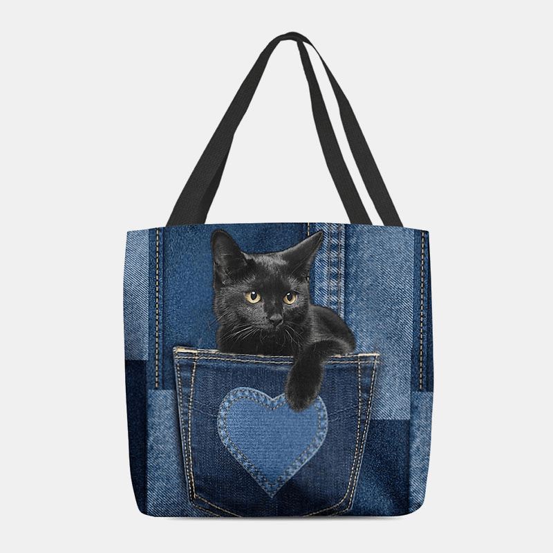 Women Felt Cute 3D Three-Dimensional Black Cat inside Jeans Pattern Shoulder Bag Handbag Tote - MRSLM