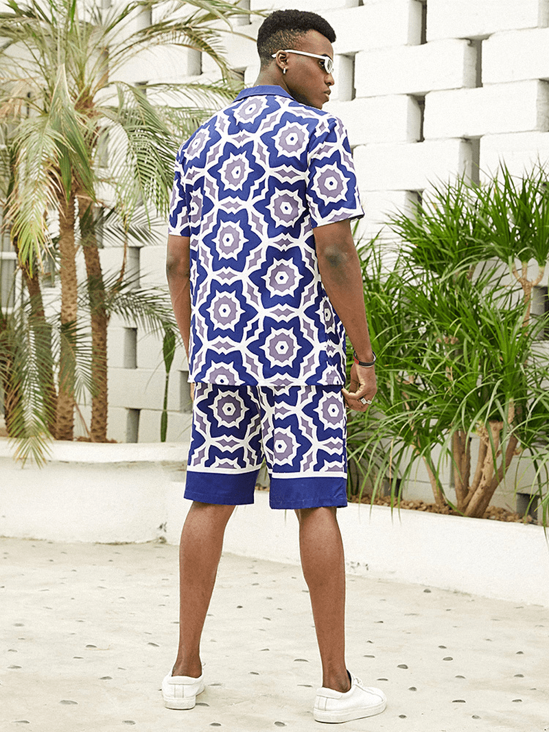 Mens Blue Baroque Print Revere Collar Short Sleeve Shirt & Shorts Co-Ords Two Piece Outfits - MRSLM