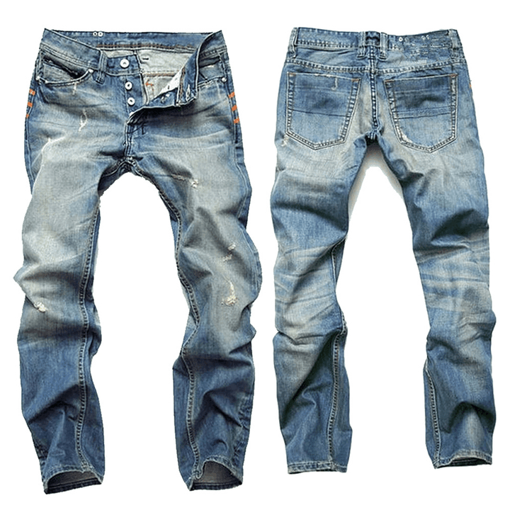 Ripped Fold Stitching Straight Washed Jeans - MRSLM