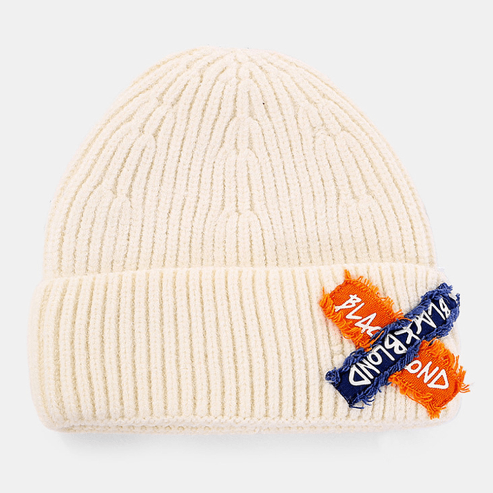 Women Knitted Solid Color Letter Raw Edge Patch Flanging All-Match Warmth Beanie Hat - MRSLM