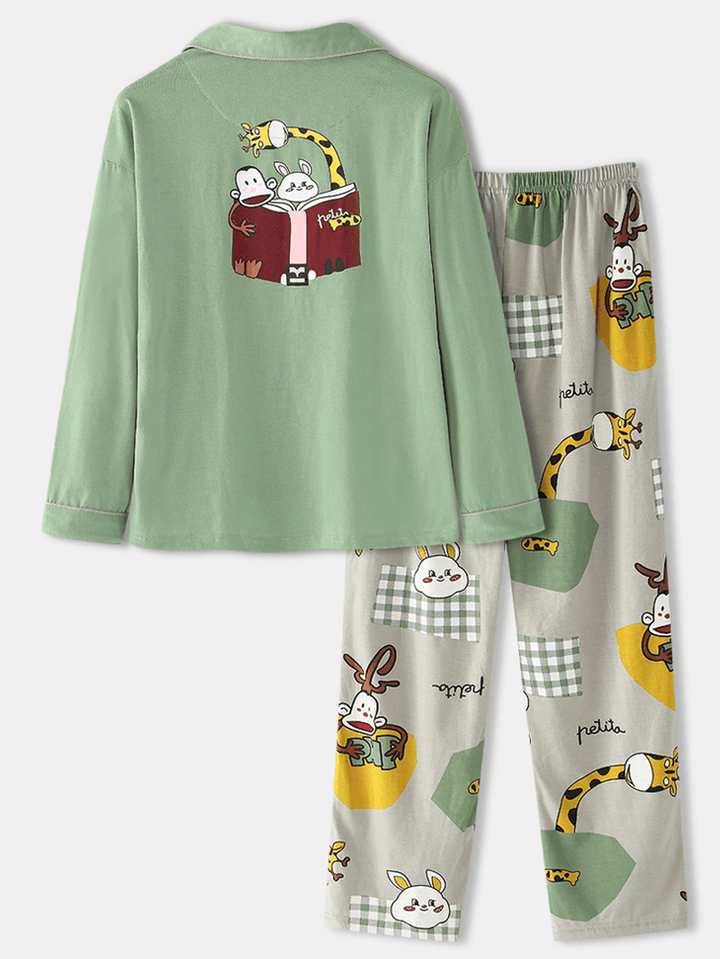 Women Cartoon Print Shirt Elastic Waist Pocket Pants Home Pajamas Set - MRSLM