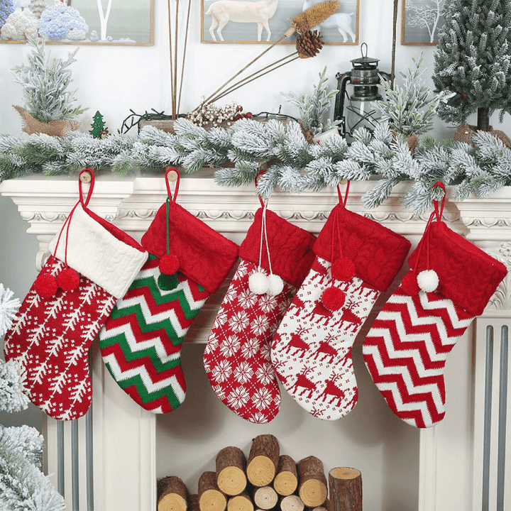 Knitted Christmas Stockings Gift Holders with Two Pom-Poms Xmas Tree Fireplace Hanging Ornaments Chrismas Decorations Sock - MRSLM