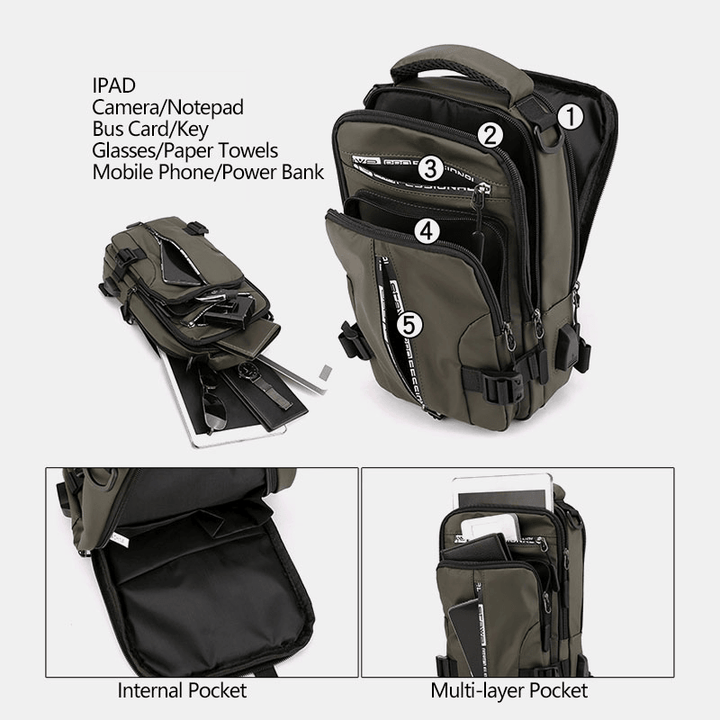 Men Casual Multifunction Waterproof Nylon Chest Bag Multi-Pocket Crossbody Bag Shoulder Bag - MRSLM