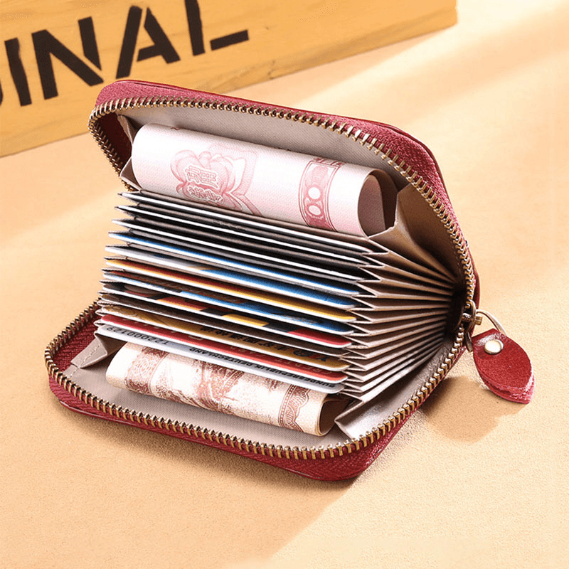 Women 12 Card Slots Rfid Genuine Leather Short Zipper Coin Purse Wallet - MRSLM