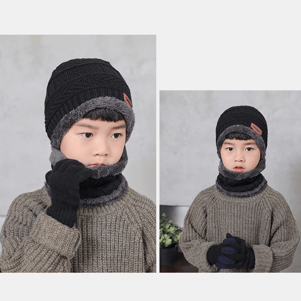 Men Child 3PCS Solid Color Keep Warm Sets Fashion Casual Wool Hat Beanie Scarf Full-Finger Gloves - MRSLM