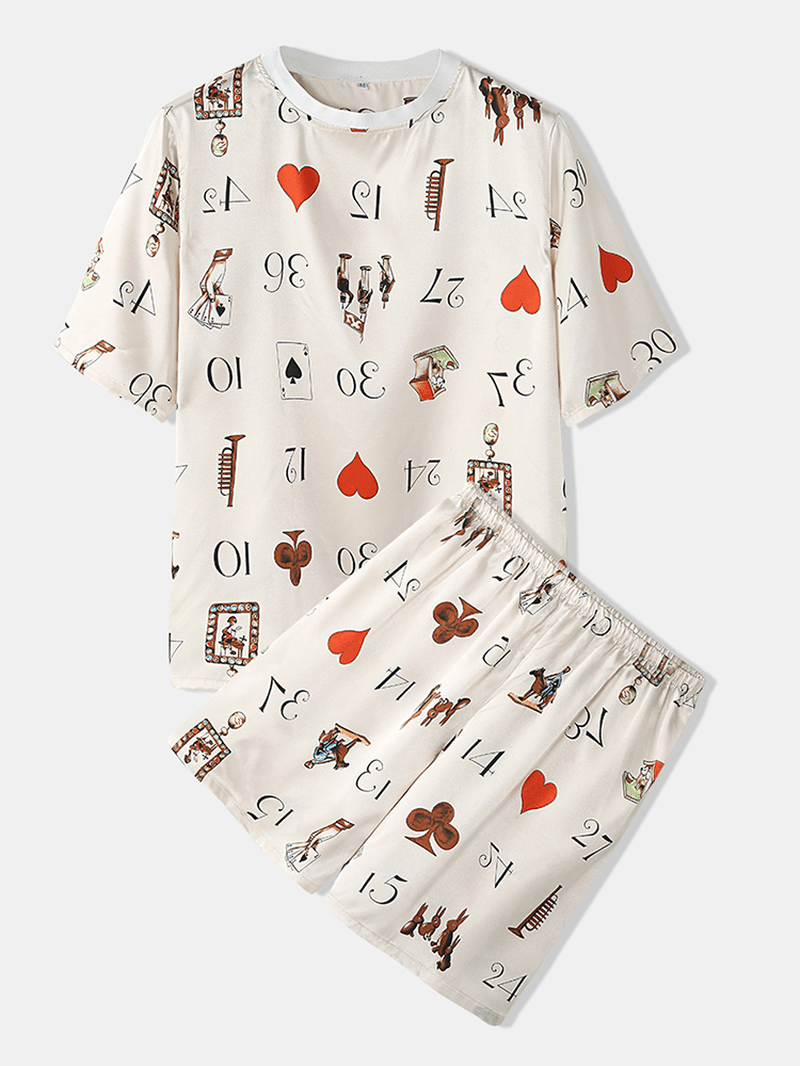 Mens Playing Cards Fuuny Cartoon Print Short Sleeve Two Piece Cozy Smooth Pajama Set - MRSLM