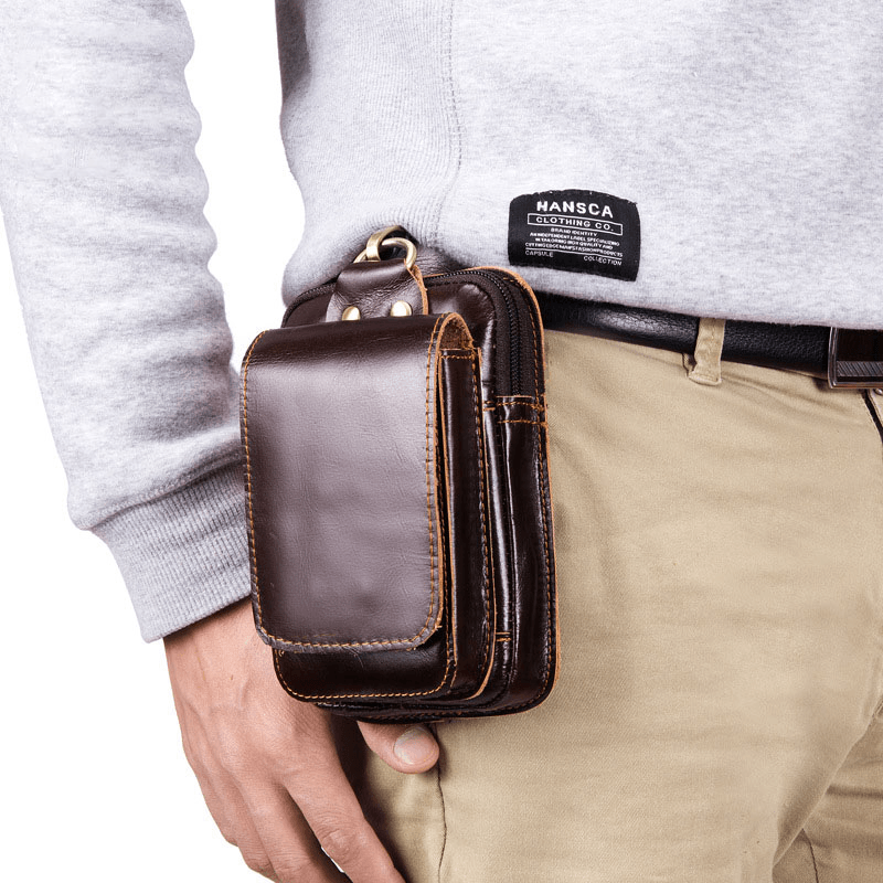 Men Genuine Leather Zipper Hasp Large Capacity Vintage 6.5 Inch Phone Bag Waist Bag - MRSLM