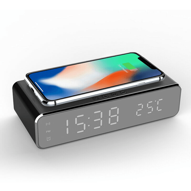 Electric LED 12/24H Alarm Clock with Phone Wireless Charger Table Digital Thermometer Display Desktop Clock - MRSLM