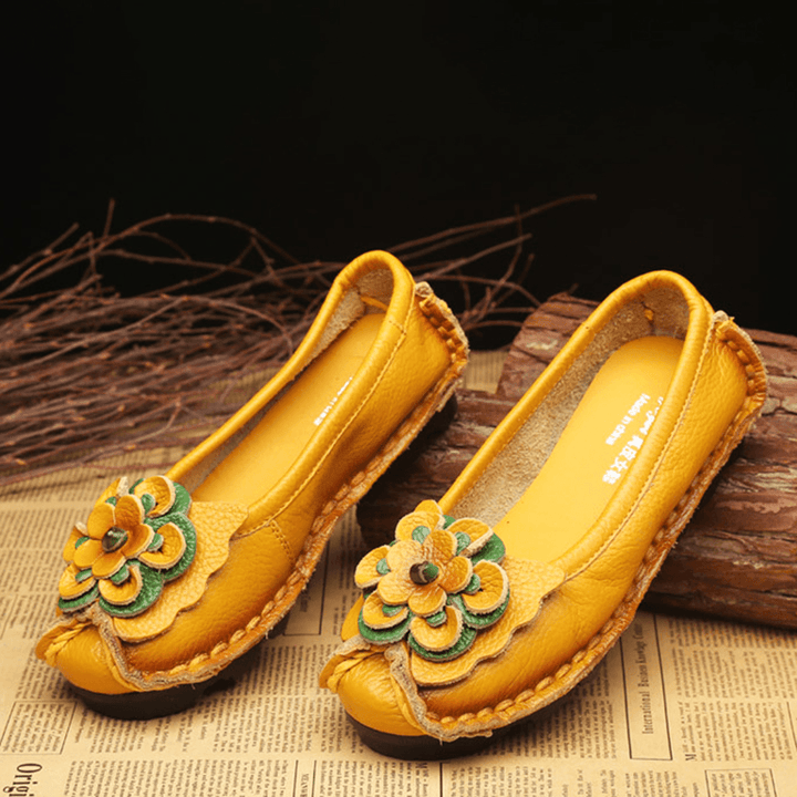 Women Shoes Casual Comfortable Floral Leather Flats - MRSLM