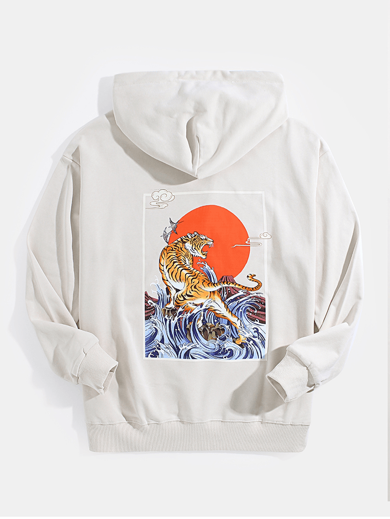 Mens Ukiyoe Tiger Back Graphics Pocket Drawstring Hoodies - MRSLM