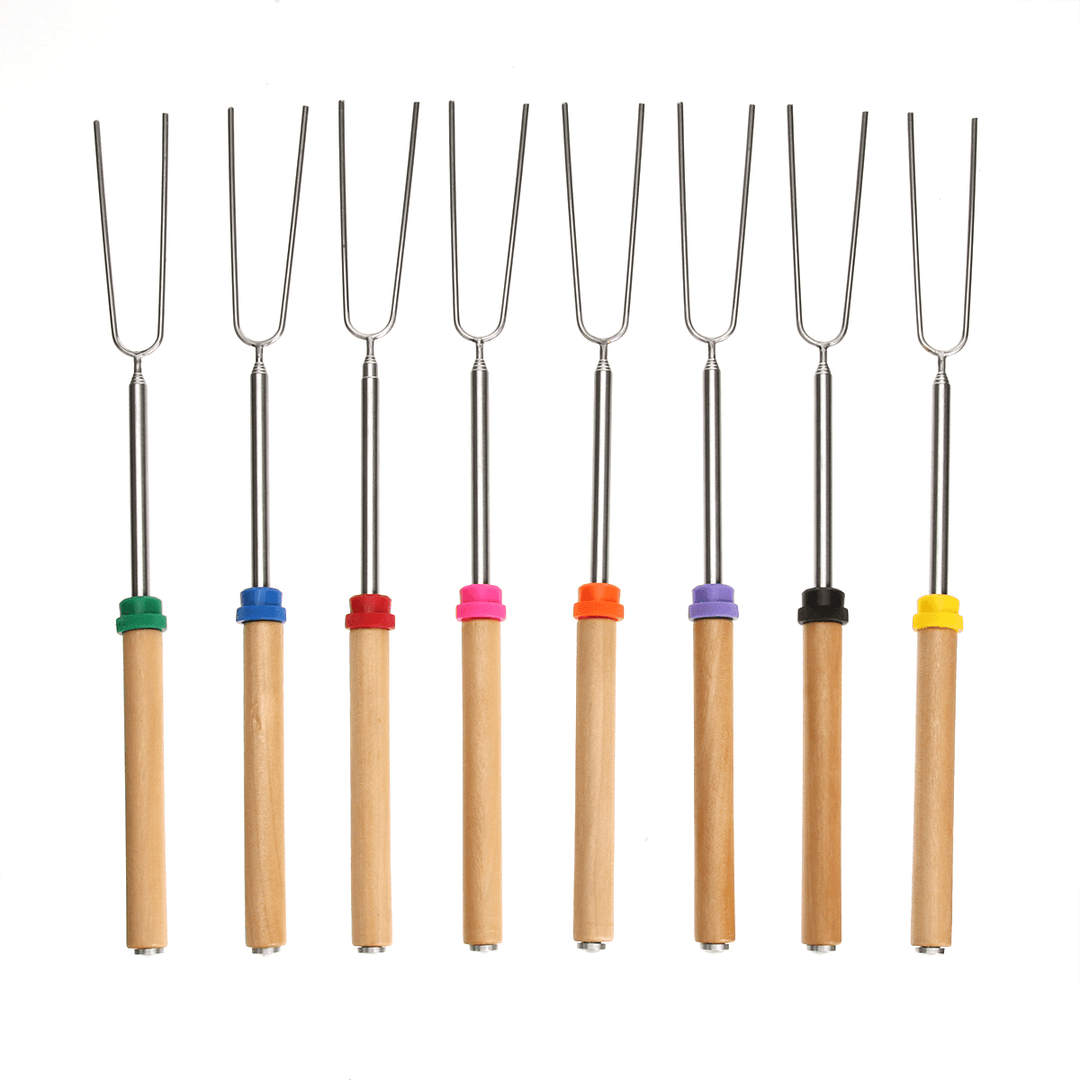 8PCS Roasting Sticks Telescoping 12"-32" Smore Sticks Skewers Set with Wooden Handle for BBQ Hot Dog Fork Fire Pit Camping Cookware - MRSLM