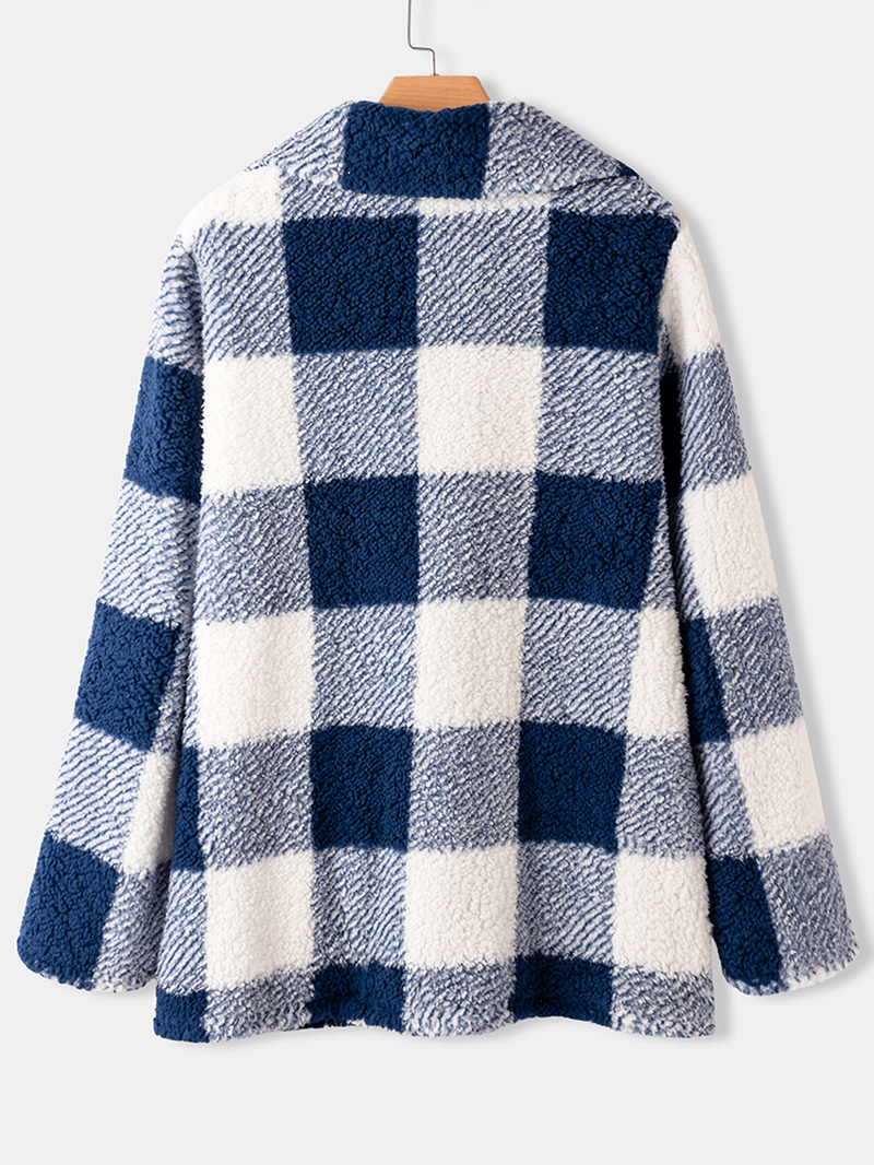 Women Plaid Warm Fluffy Plush Double Breasted Coat with Pocket - MRSLM