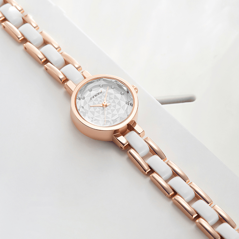 SINOBI 9836 Women Simple Three-Pin Crytal Diamonds Dial Fashion Ceramic Steel Strap Quartz Watch - MRSLM