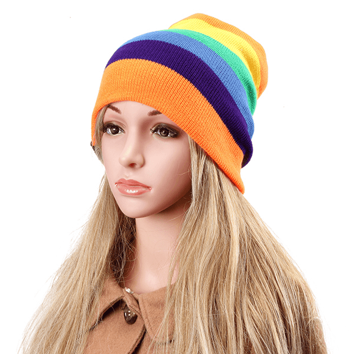 Women Beanies Striped Rainbow Colors Hat Cotton Knitted Hats Soft Beanie Gorro Cap - MRSLM