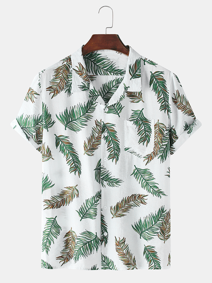 Mens Cotton Leaves Print Revere Collar Short Sleeve Shirts - MRSLM