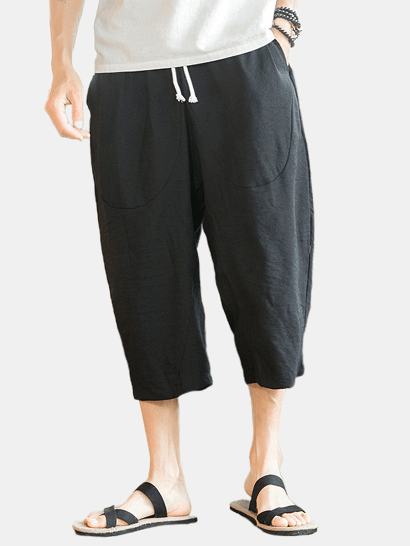 Mens Casual Breathable Calf-Length Drawstring Waist Harem Pants - MRSLM