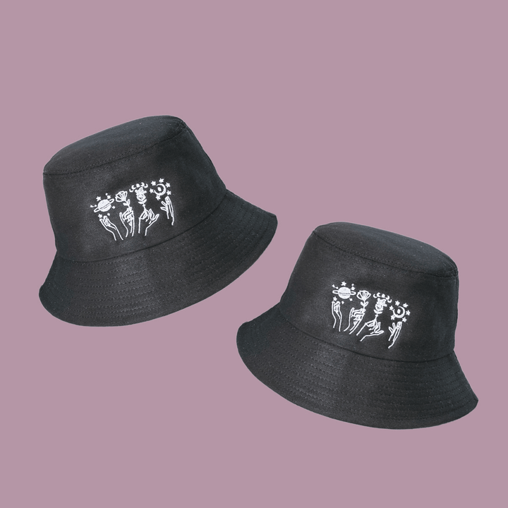Unisex Wide Brim Line Drawing Star Moon Rose and Hand Pattern Print Fashion Sunshade Cotton Bucket Hat - MRSLM
