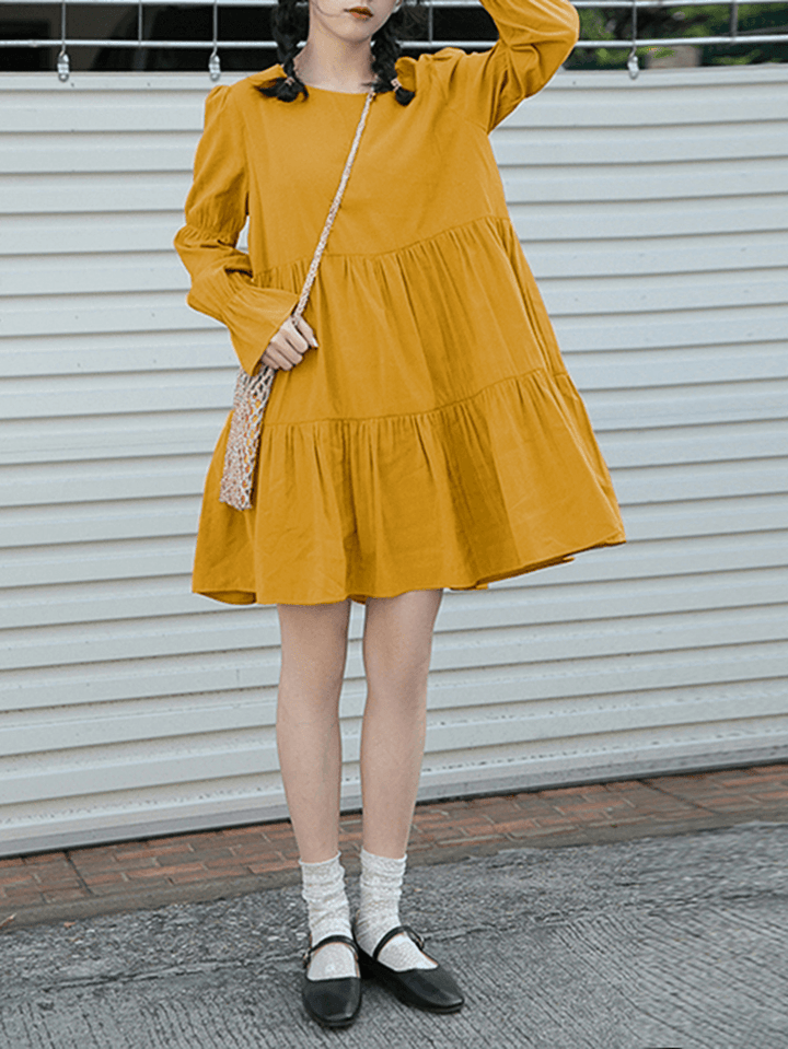 Women Cotton Solid Color Pleats O-Neck Long Sleeve Casual Dress - MRSLM