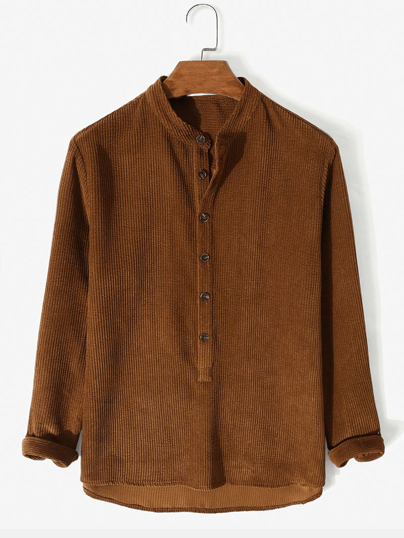 Mens Stand Collar Solid Button down Corduroy Shirt - MRSLM