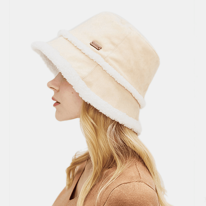 Women Suede Lamb Hair Casual Fashion Elegant Keep Warm Outdoor Bucket Hat - MRSLM