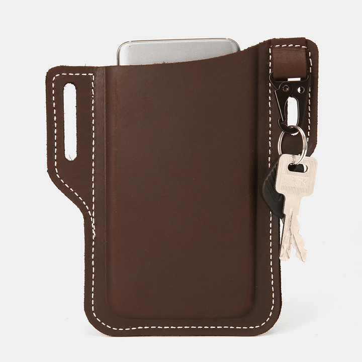 Men Genuine Leather Retro Easy Carry Car Keychain Phone Bag Belt Bag Waist Bag with Belt Loop - MRSLM