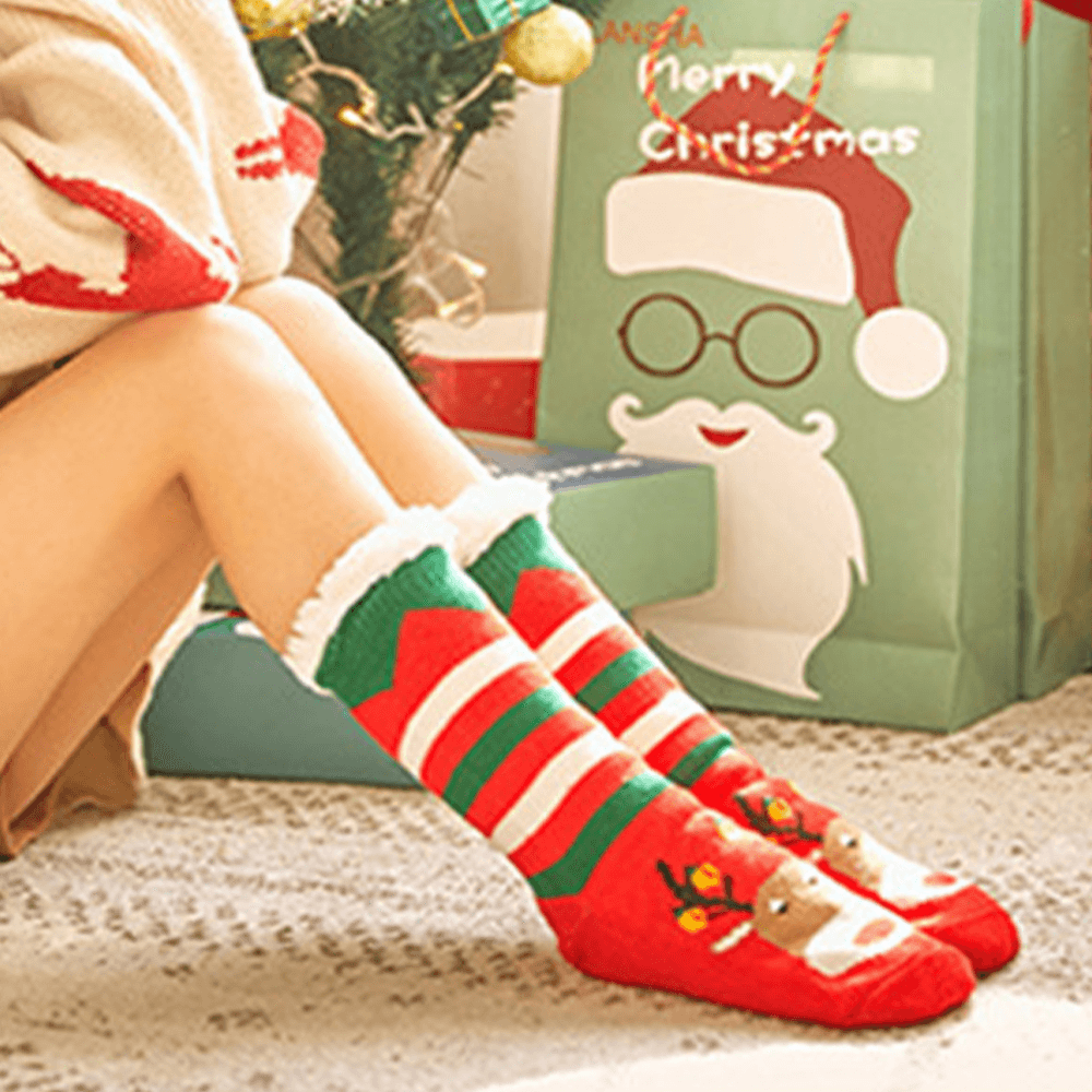 Women Warm Winter Outdoor Christmas Style Stripe Elk Pattern plus Velvet Thicken Home Sleep Socks Tube Socks - MRSLM