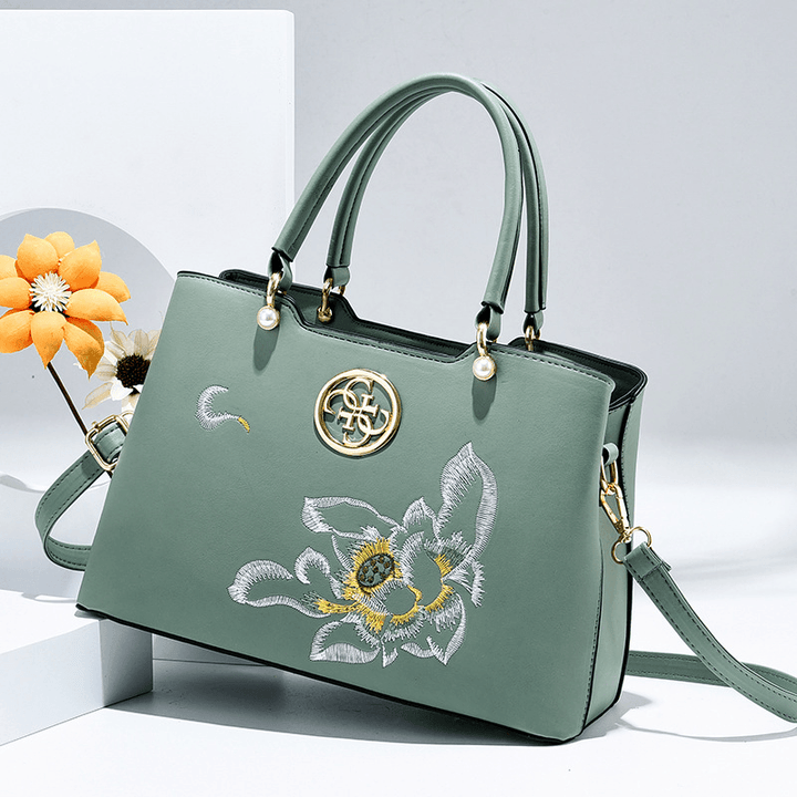 Women Vintage Chinese Style Gardenia Flower Embroidered Handbag Large Capacity Multi-Pocket Multi-Carry PU Leahter Crossbody Bag - MRSLM