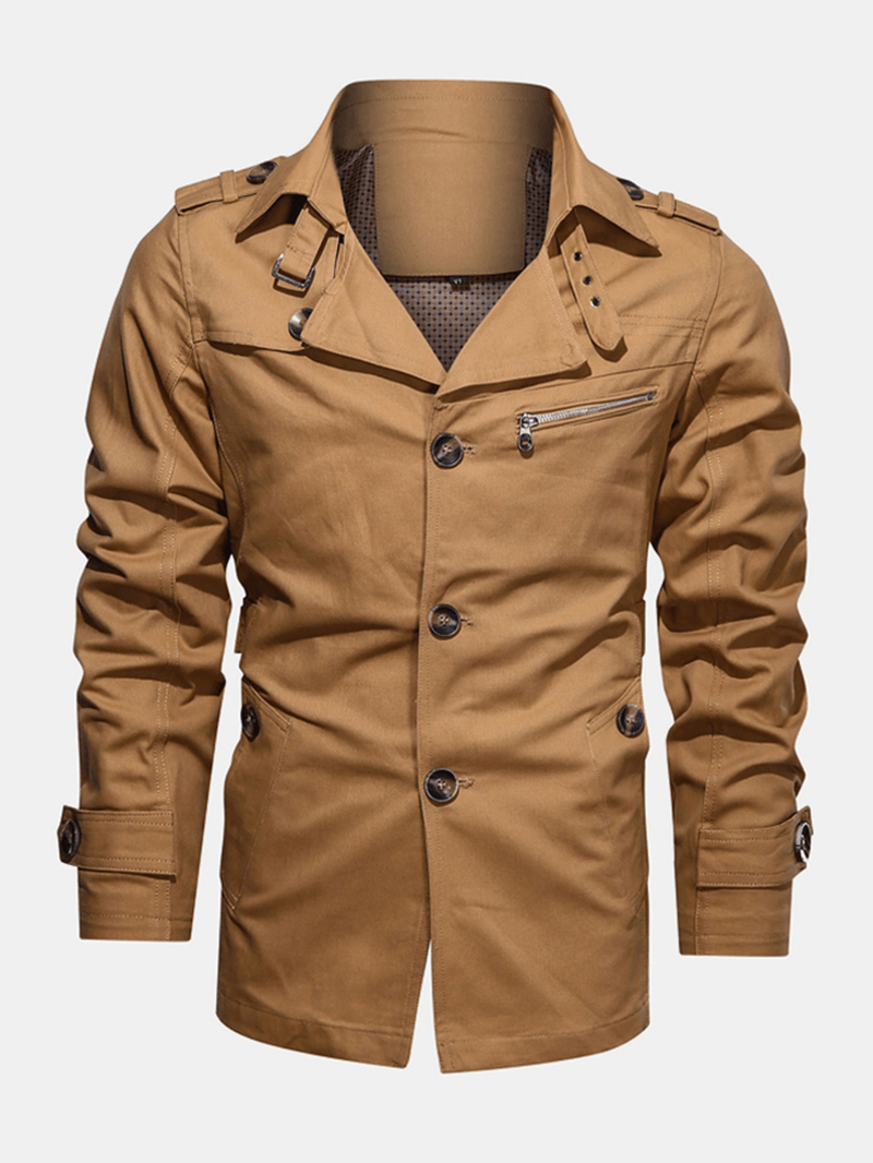 Mens 100% Cotton Solid Button Front Lapel Cargo Jacket with Pocket - MRSLM