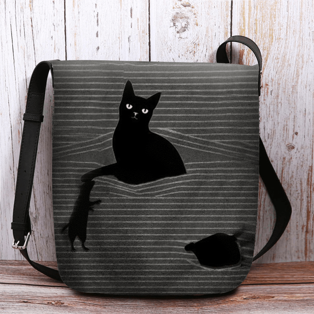 Women Felt Cute Casual Cartoon Black Cat Caught Mouse and Stripes Pattern Crossbody Bag Shoulder Bag - MRSLM