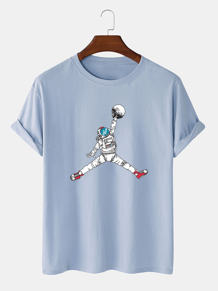 Astronaut Cartoon Print Crew Neck Short Sleeve T-Shirts - MRSLM