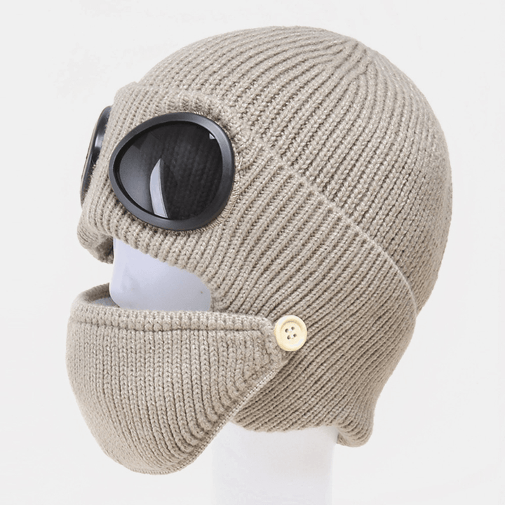 Unisex plus Velvet Thick Warm Neck Face Ear Protection Headgear Knitted Hat Mask Pilot Glasses - MRSLM