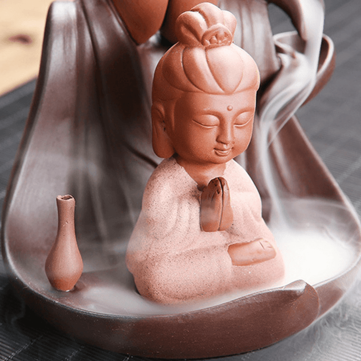 Little Monk Lotus Backflow Ceramic Cone Buddhist Incense Burner Holder Decorations - MRSLM