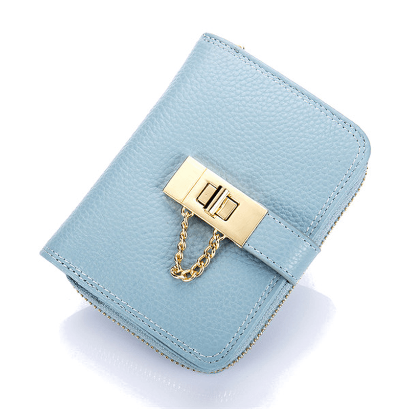 Women Genuine Leather Zipper Card Holder Chain Lock Short Purse Wallets - MRSLM