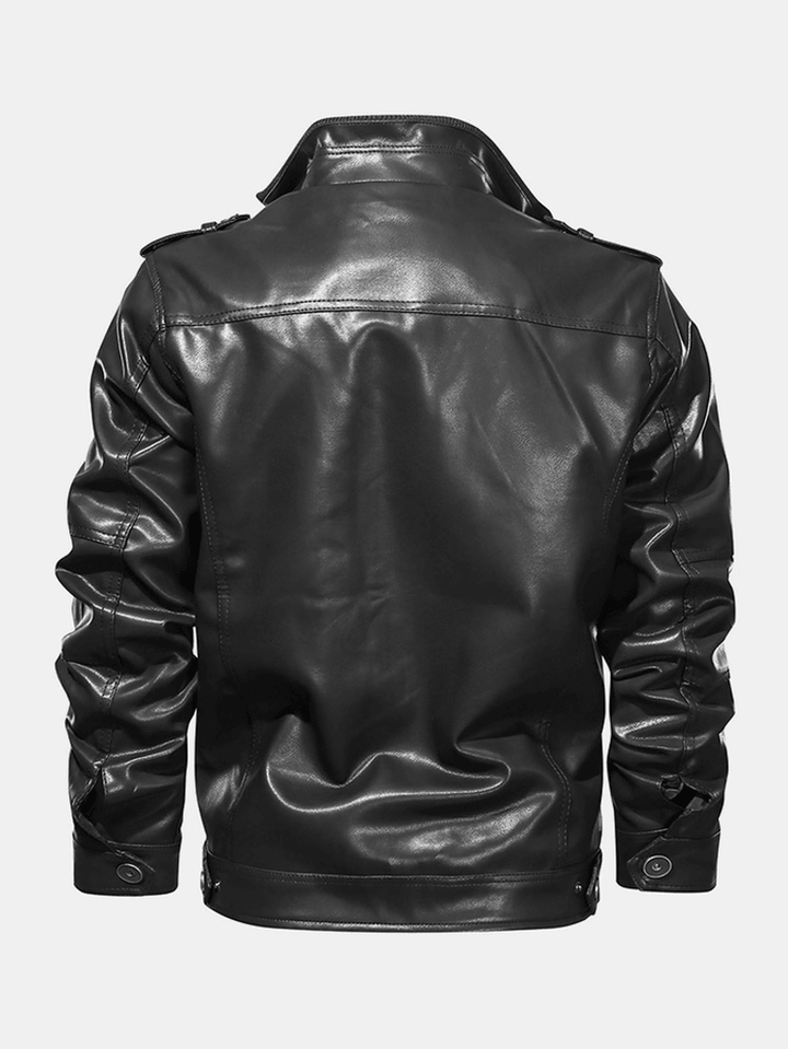 Mens Pocket Zip-Up PU Leather Black Long Sleeve Motorcycle Jacket - MRSLM