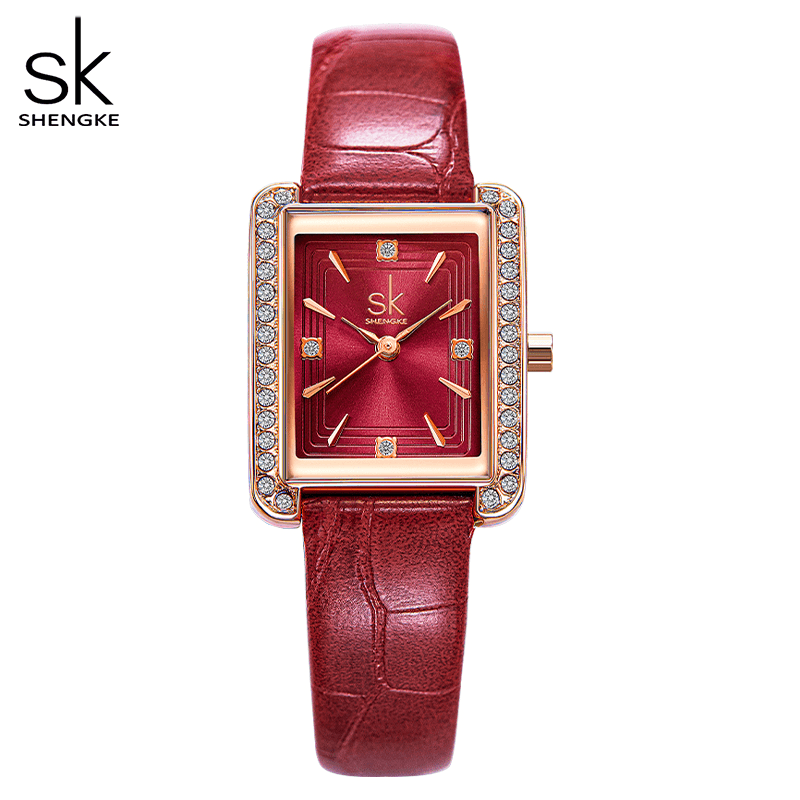 Shengke K0151 Rhinestone Decoration Rectangular Dial PU Leather/ Steel Mesh Strap 3ATM Women Quartz Watch - MRSLM