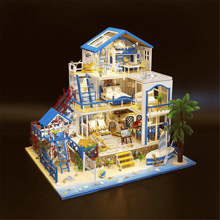 Wooden DIY Beach Villa Doll House Miniature Kit Handmade Assemble Toy with LED Light for Birthday Gift Collection Home Decor - MRSLM